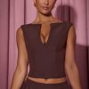 Open-Front Crop Top in Chocolate Brown