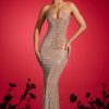Embellished Cut-Out Halterneck Gown in Almond