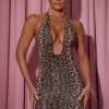Ruched Halterneck Bodycon Mini Dress in Leopard