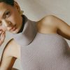 Ribbed-Knit Turtleneck Backless Top in Taupe