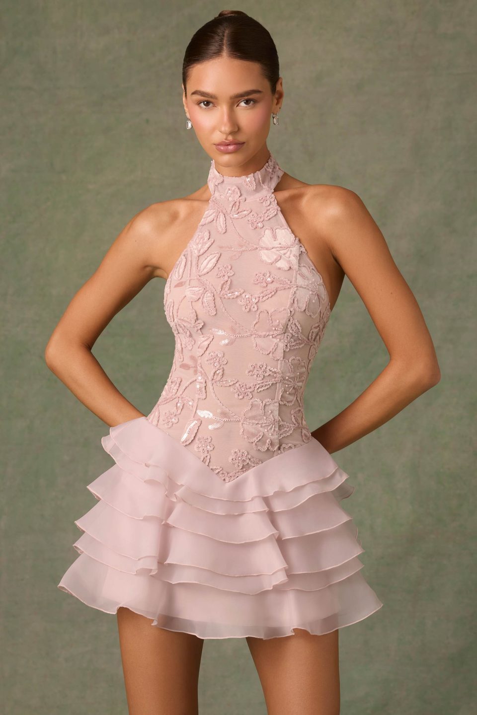 Embellished Ruffled Halterneck Mini Dress in Dusty Rose