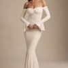 Off-Shoulder Ruffle Lace Maxi Dress in Ivory