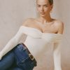 Modal-Cashmere Blend Off-Shoulder Ruched Top in Ivory
