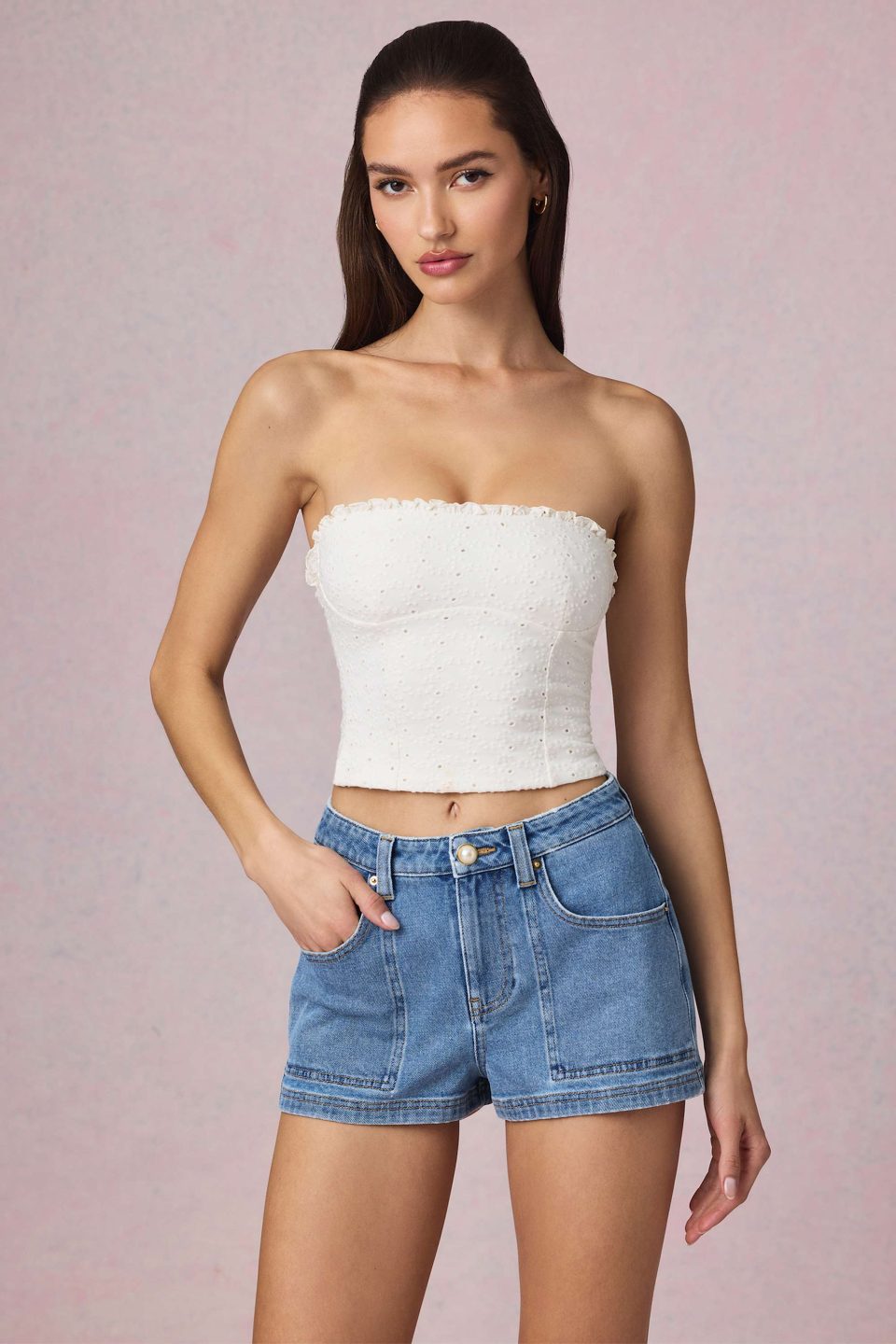 High-Waist A-Line Shorts in Mid-Blue Wash