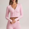 Modal Ribbed Cropped Cardigan in Pastel Pink