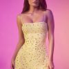 Sheer Embellished Square-Neck Mini Dress in Yellow