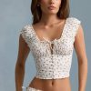 Ruched Cotton-Poplin Corset Top in Rose Print