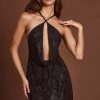 Embellished Halterneck Cowl A-line Mini Dress in Black