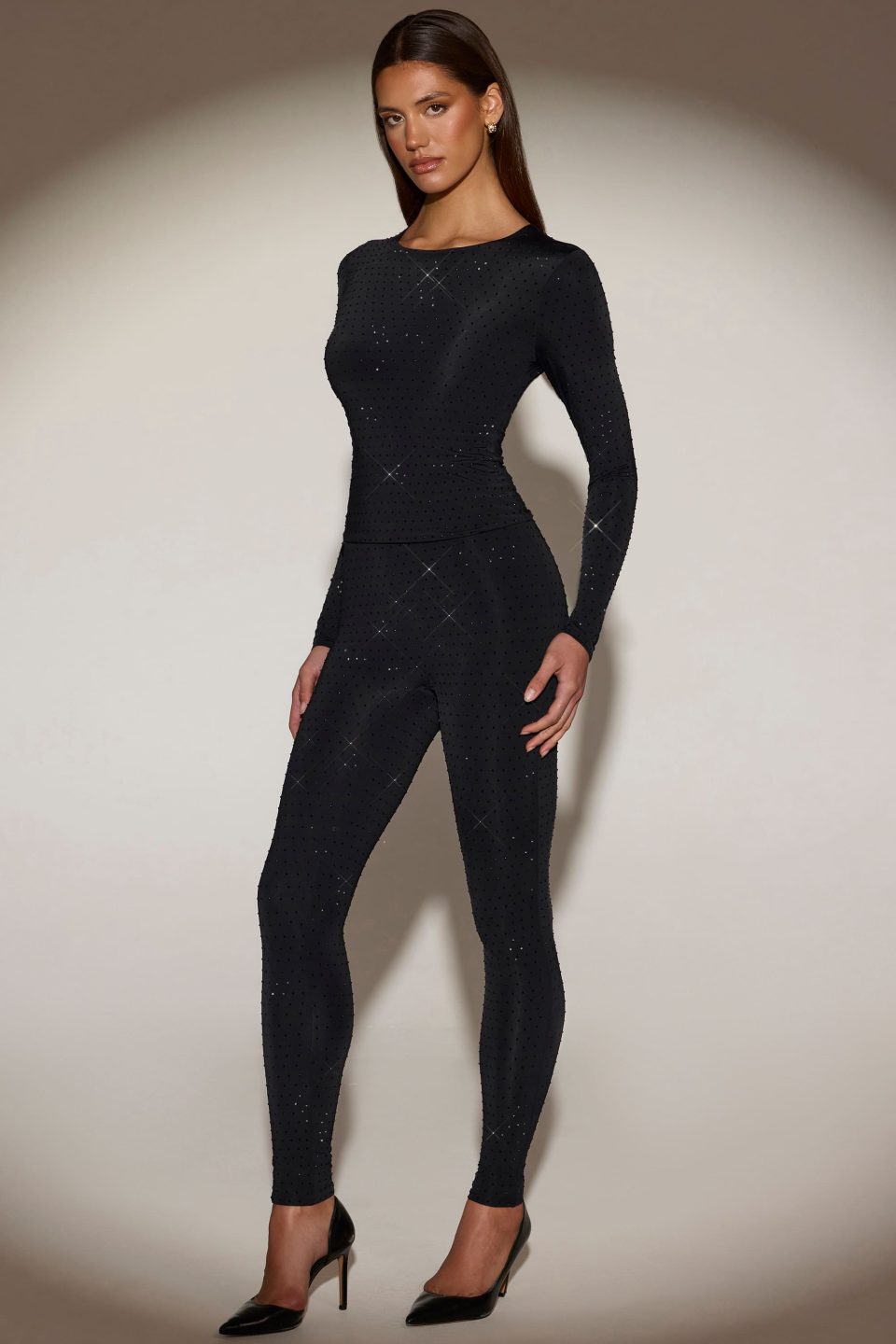 Embellished High-Waisted Leggings in Black