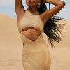 Rhinestone Cut Out Mini Dress in Beige