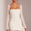 Long Sleeve Embellished Cowl Neck Mini Dress in White