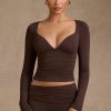 Modal Ruched Long-Sleeve Top in Chocolate Brown