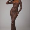 Sheer Embellished Long Sleeve Evening Gown in Deep Cocoa