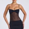 Sheer Panelled Ruched Mini Dress in Black
