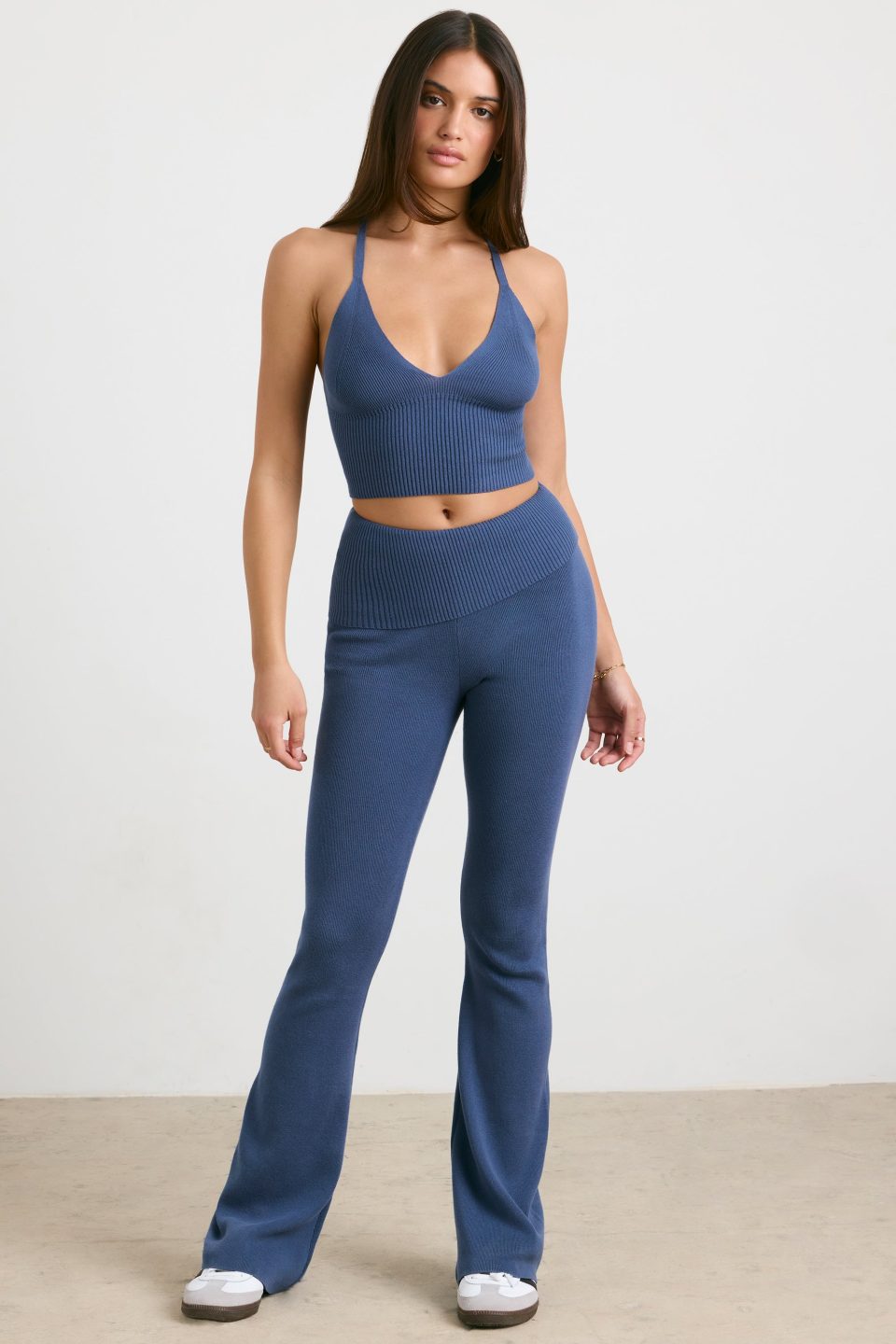 Chunky Knit Foldover Kick Flare Trousers in Washed Navy