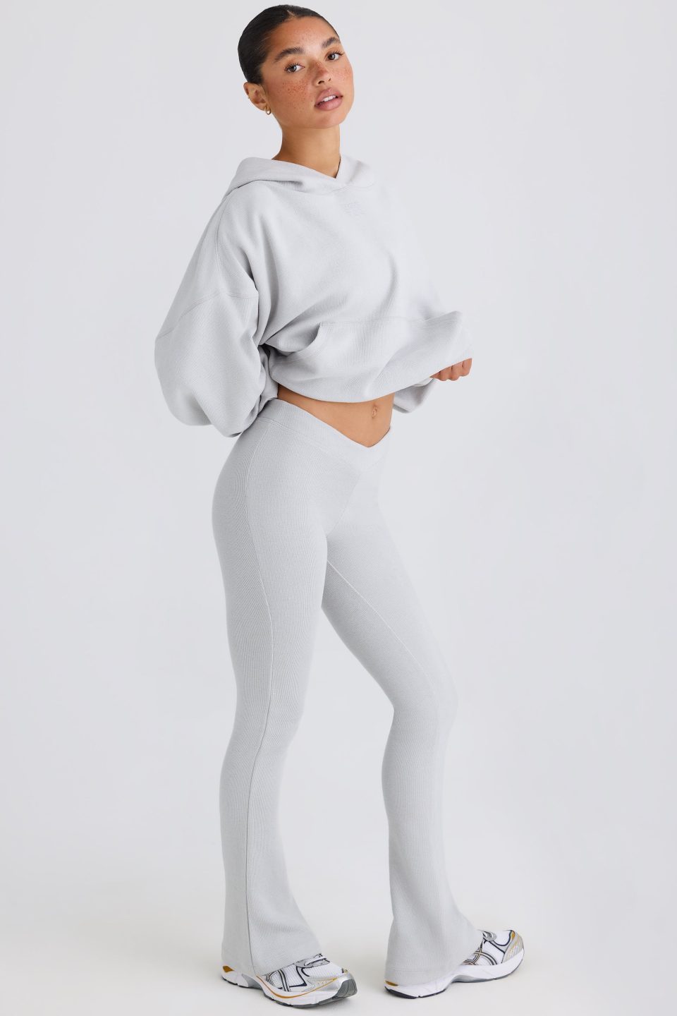 Textured Cotton Jersey Flared Trousers in Pacific Grey