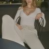 Ribbed Modal Ruched V-Neck Top in Ecru