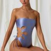 Pearl-Detail Cut-Out Bandeau Swimsuit in Lavender Purple